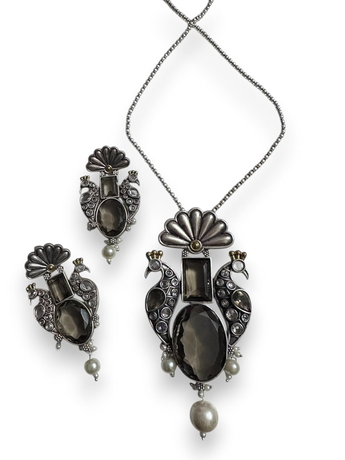Vintage Style Peacock Jewellery Set, Smoky Crystal and Pearl Pendant Necklace with Matching Earrings, Antique Tone