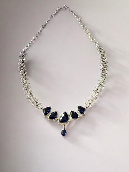 Rebekah Rhodium Plated Blue Cubic Zircon Studded Necklace Set