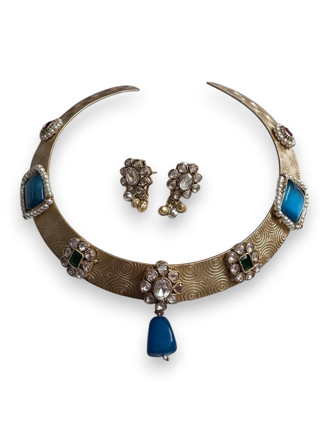 Vintage Style Choker Necklace Set with Crystal Stones, Blue Gemstones, Pearl Accents