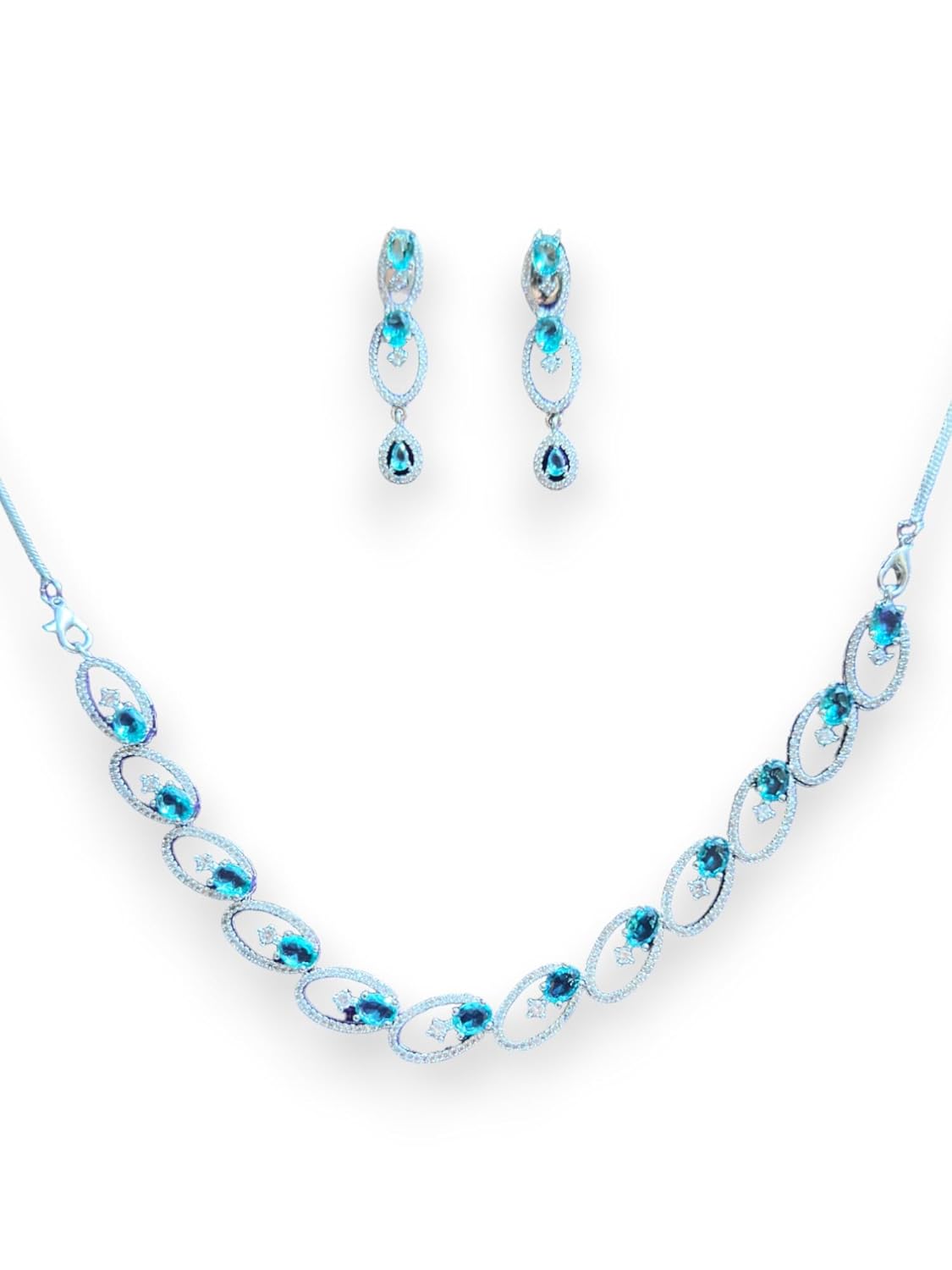 Stylish Necklace and Earrings Set with Blue Gemstones, Silver Finish