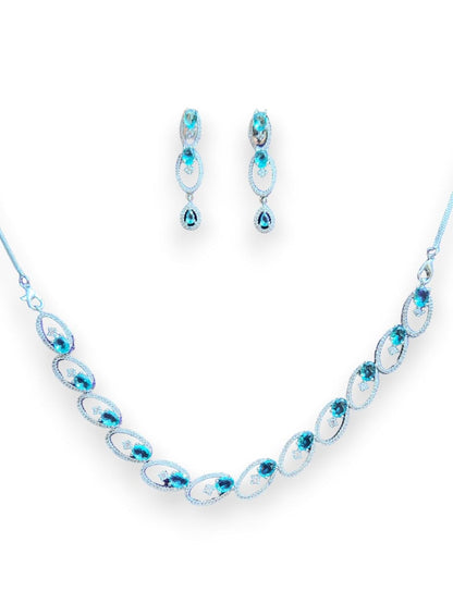 Stylish Necklace and Earrings Set with Blue Gemstones, Silver Finish