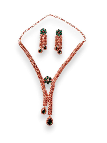 Rebekah Gold-Plated CZ Necklace Set with Floral Green Accents and Tear-Drop Danglers