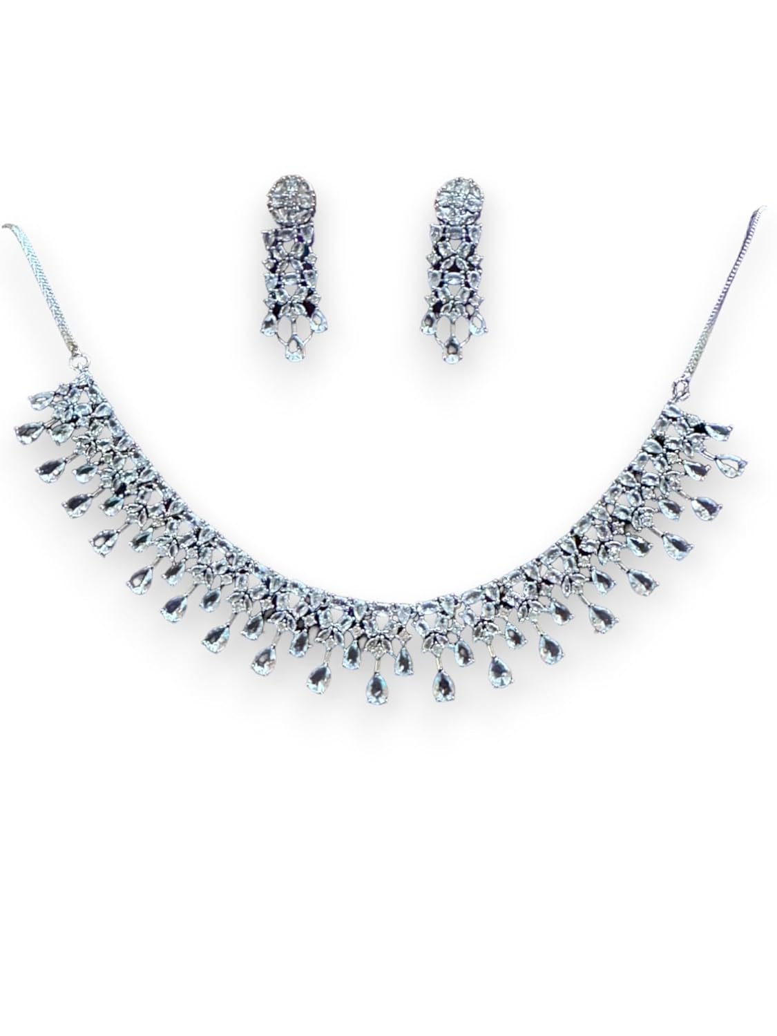 Stunning Crystal Necklace Set with Teardrop Pendants, Silver Tone