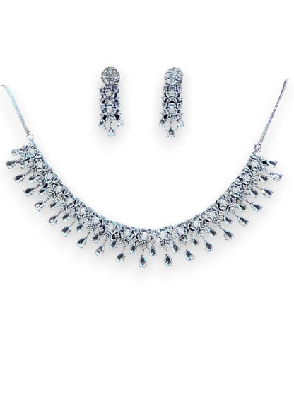 Stunning Crystal Necklace Set with Teardrop Pendants, Silver Tone