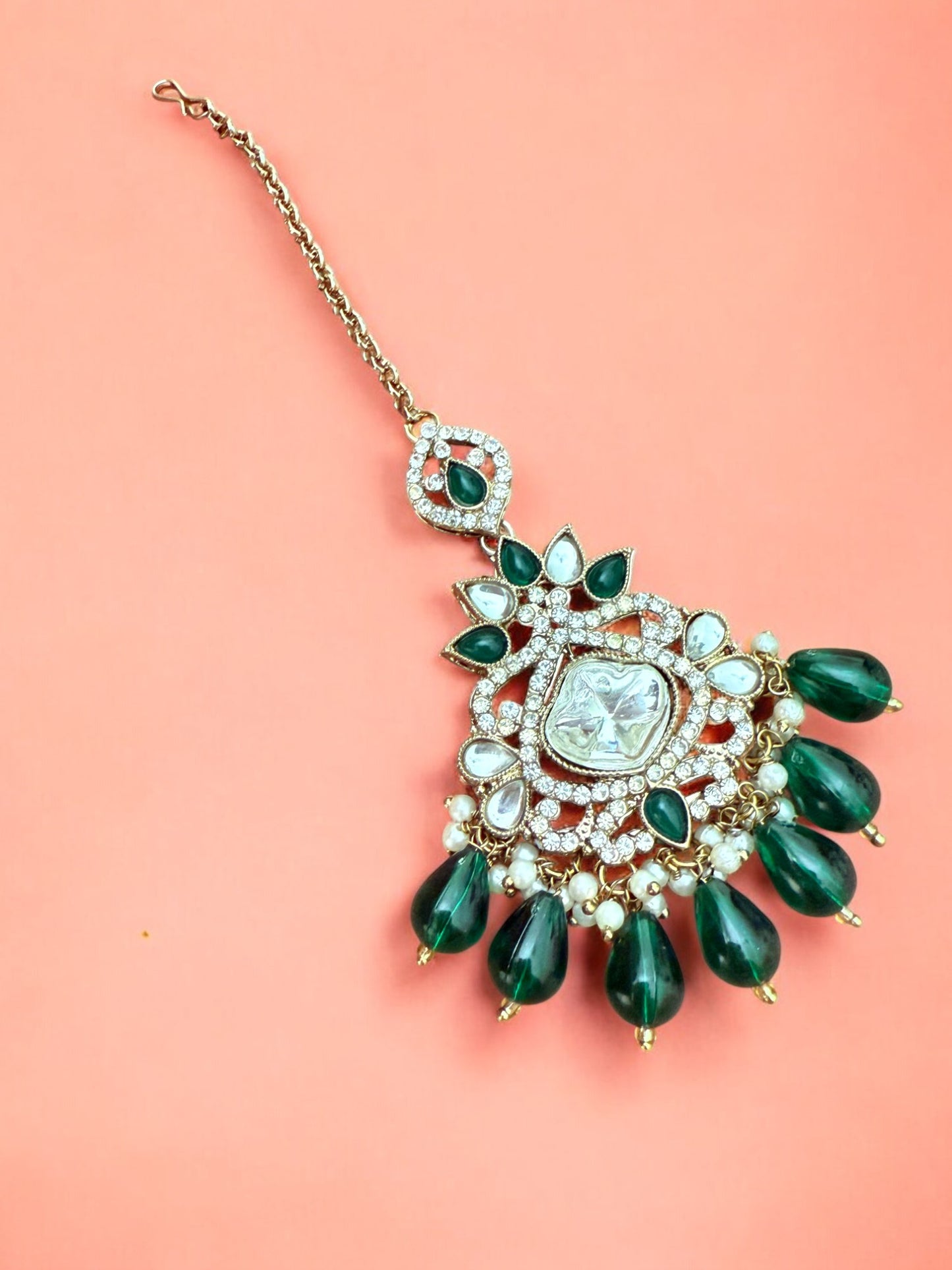 Bridal Green Stone Polki Choker with Earrings & Maangtikka