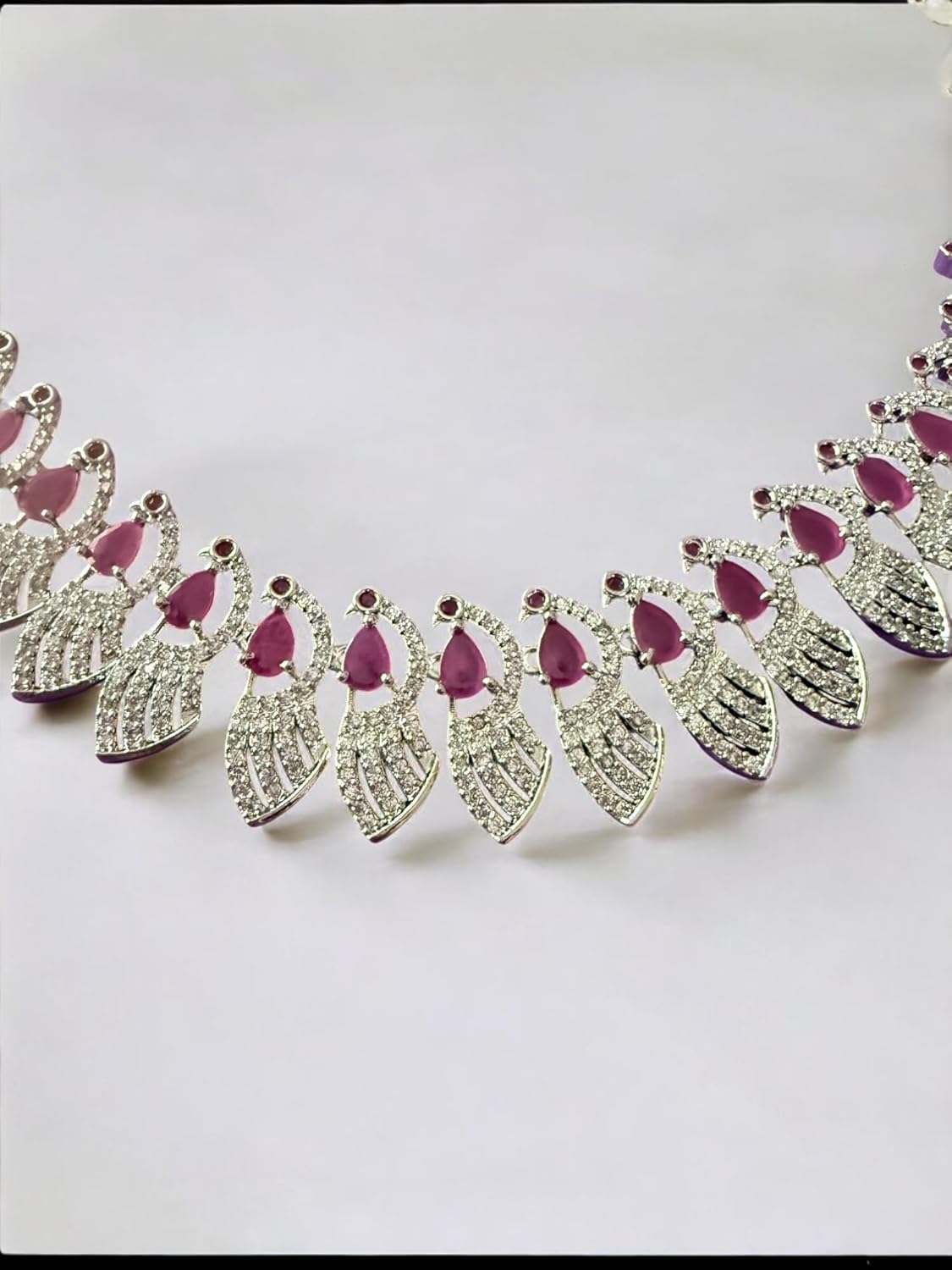 Rebekah Rhodium Plated Pink Cubic Zircon Studded Necklace Set