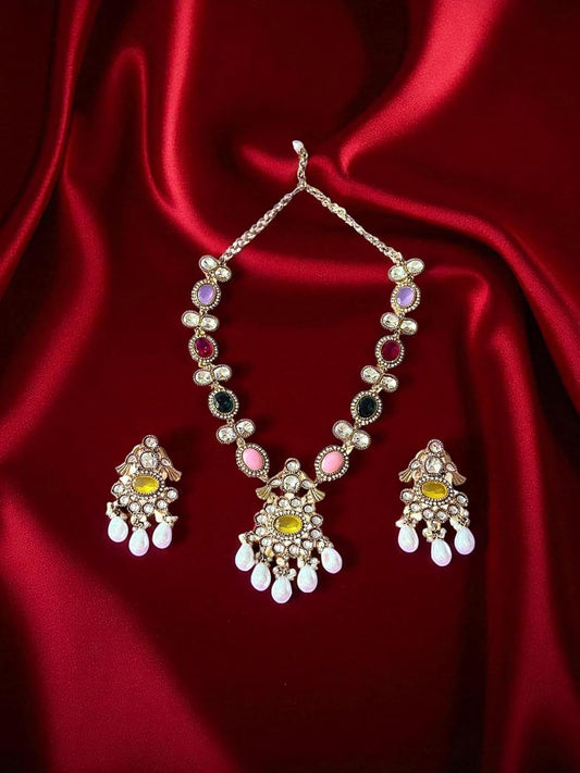 Rebekah Toned Multi Kundan & Pearl Drop Necklace Set