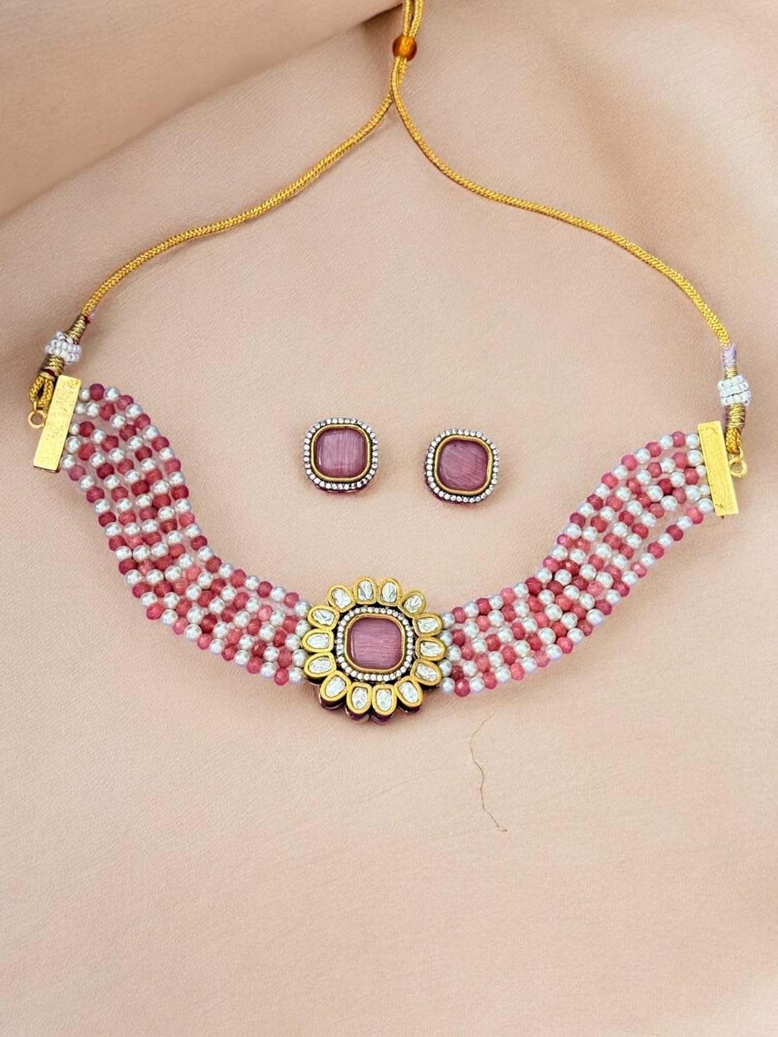 Rebekah Blush Bloom Kundan Pearl Choker Set
