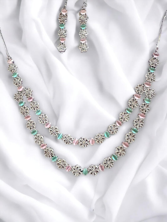 Elegant Layered Necklace and Earrings Set, Silver Tone with Crystals, Pink and Green Beads,
