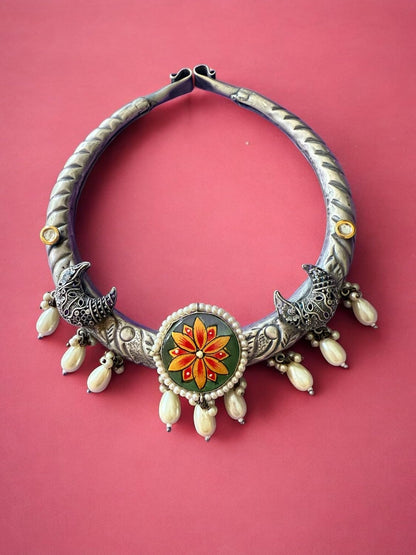 Rebekah Handpainted Handpainted Kalakaari Oxidized Necklace Set