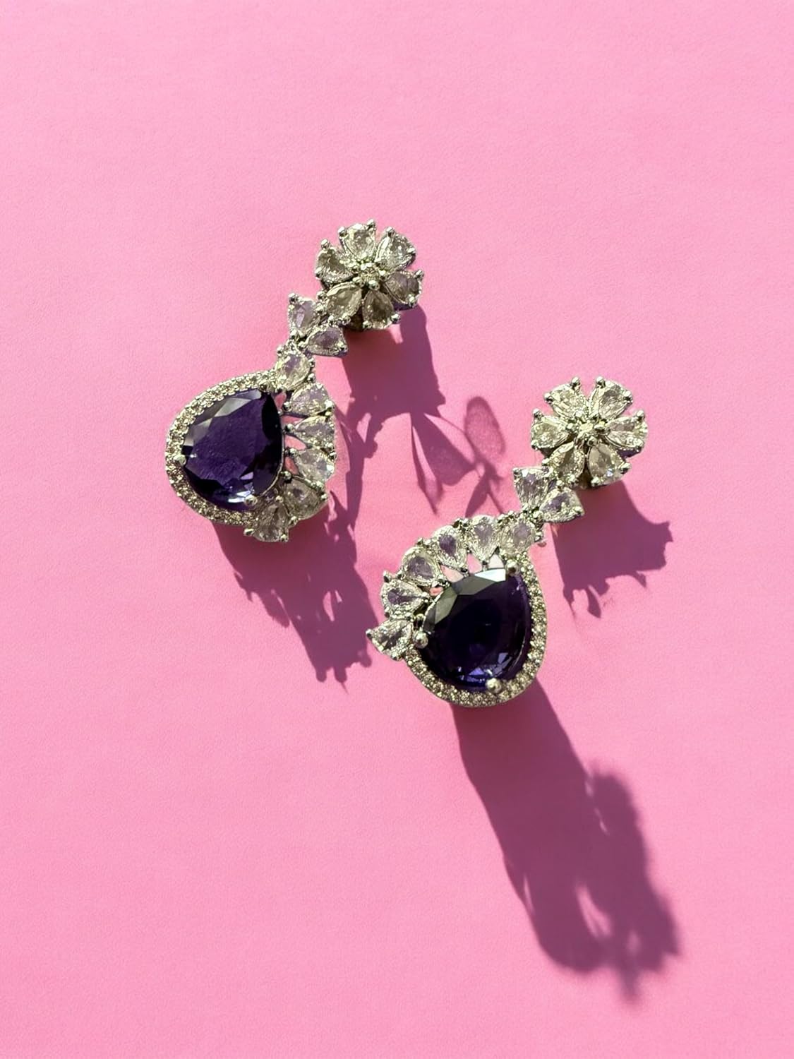 Rebekah Rhodium Plated Purple Cubic Zircon Studded Necklace Set
