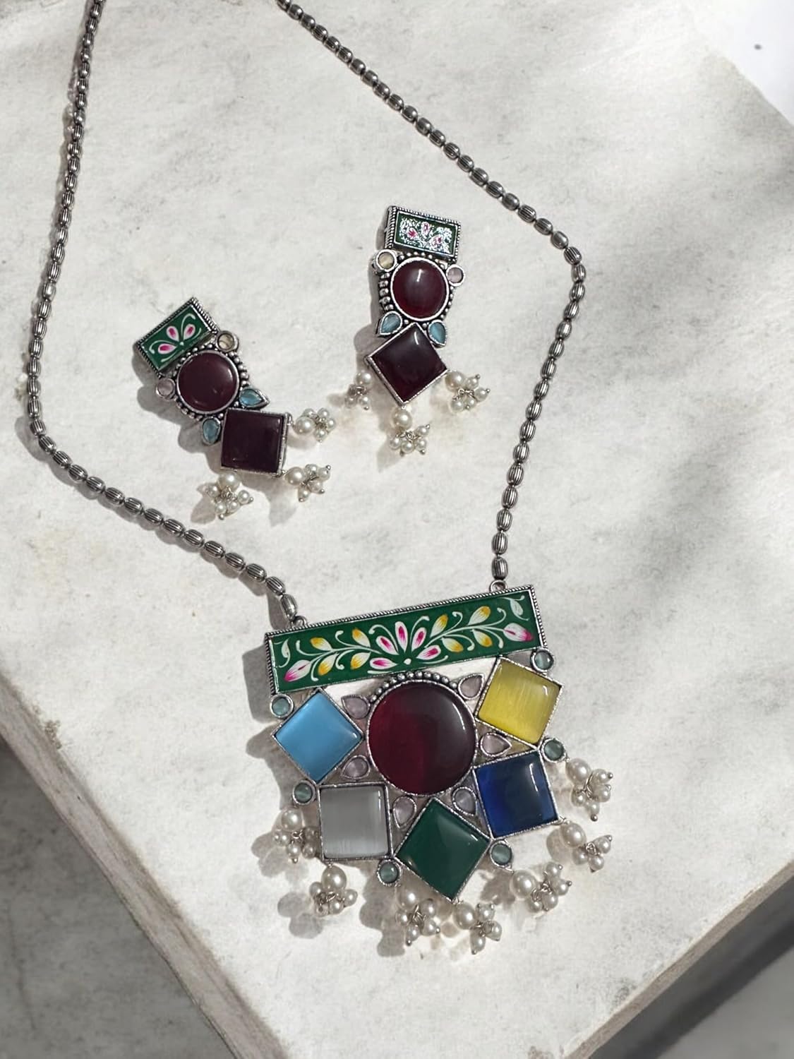 Handcrafted Multicolour Enamel Jewellery Set, Floral Design Pendant Necklace with Matching Earrings, Pearl Drops
