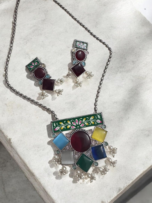 Handcrafted Multicolour Enamel Jewellery Set, Floral Design Pendant Necklace with Matching Earrings, Pearl Drops