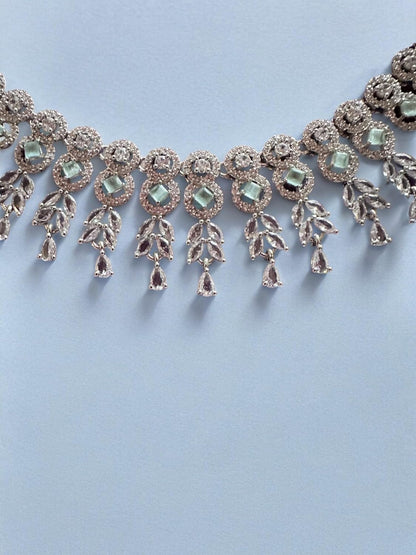 Glamorous Diamante Necklace Set with Earrings, Floral Design, Silver Tone