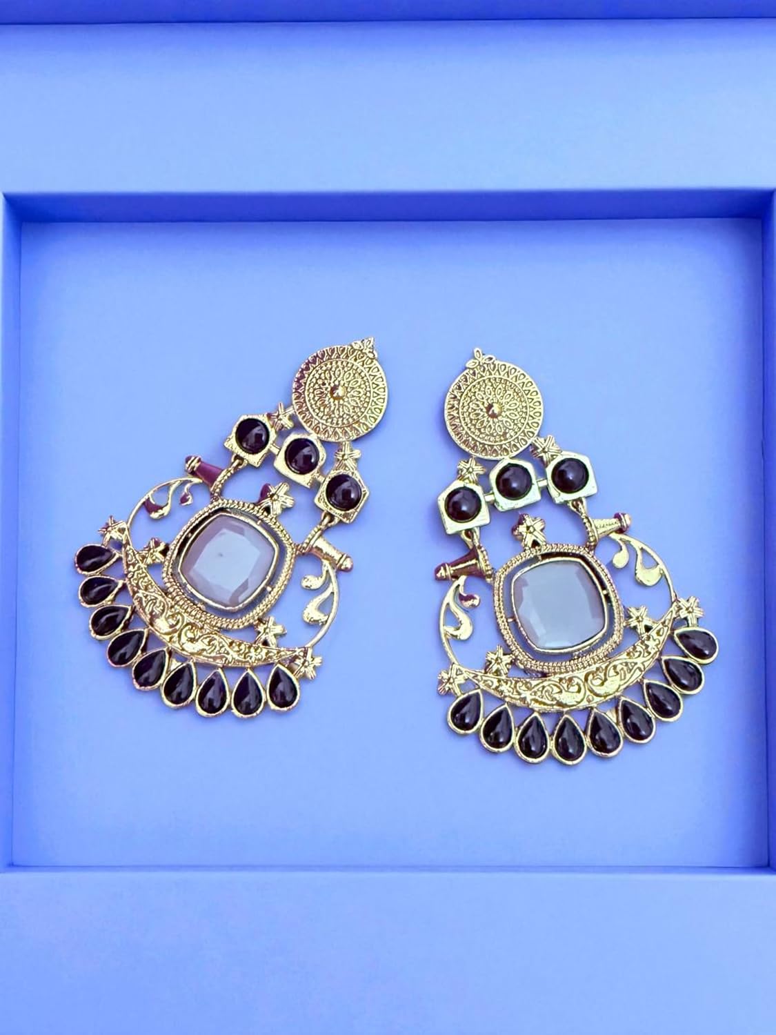 Designer Black Chandbali Earrings with Antique Gold Finish