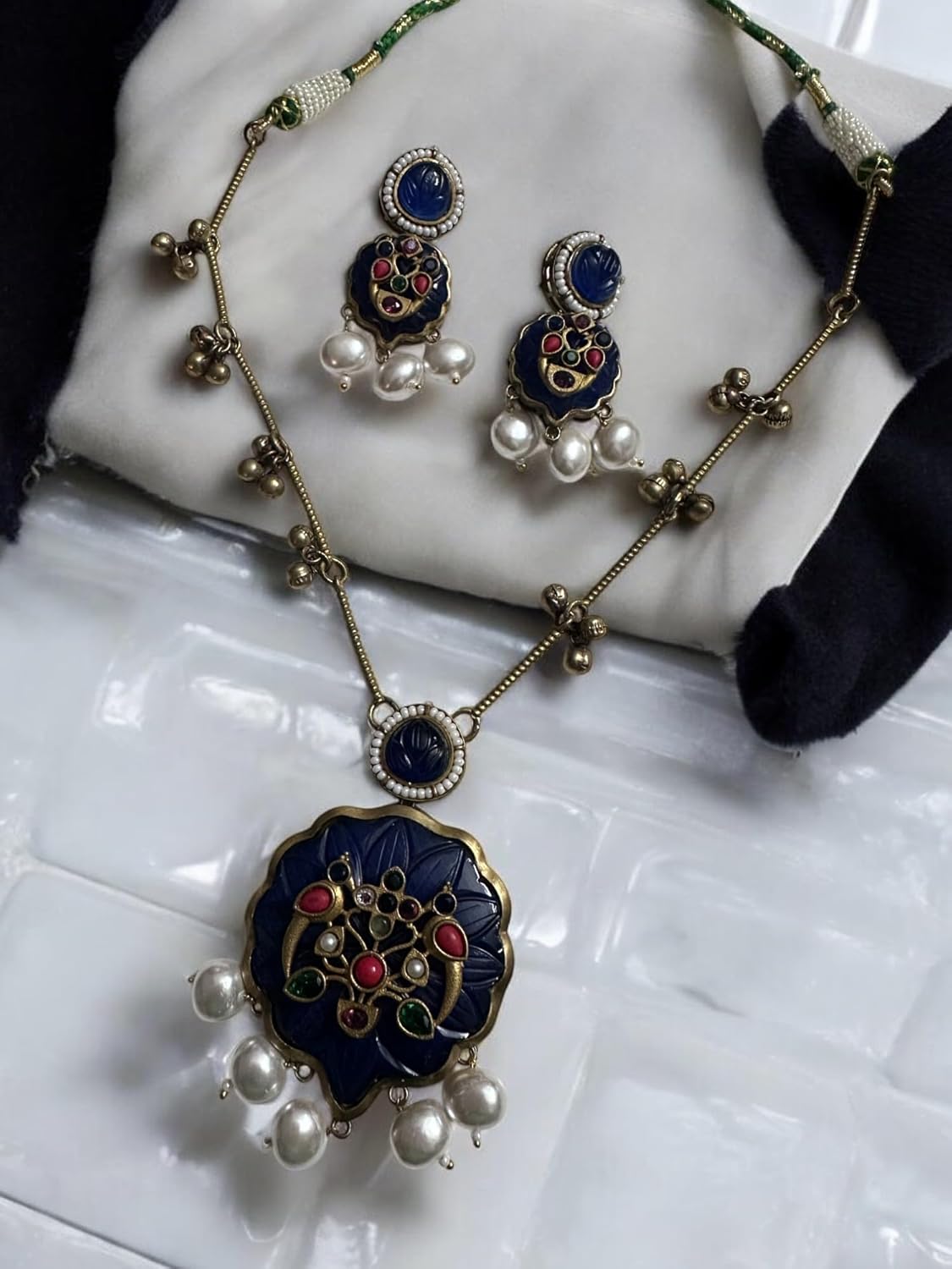 Vintage Style Jewellery Set, Navy Blue Enamel Pendant Necklace with Pearl Drops and Matching Earrings, Antique Bronze Finish