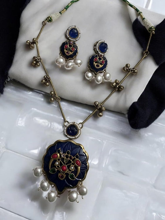 Vintage Style Jewellery Set, Navy Blue Enamel Pendant Necklace with Pearl Drops and Matching Earrings, Antique Bronze Finish