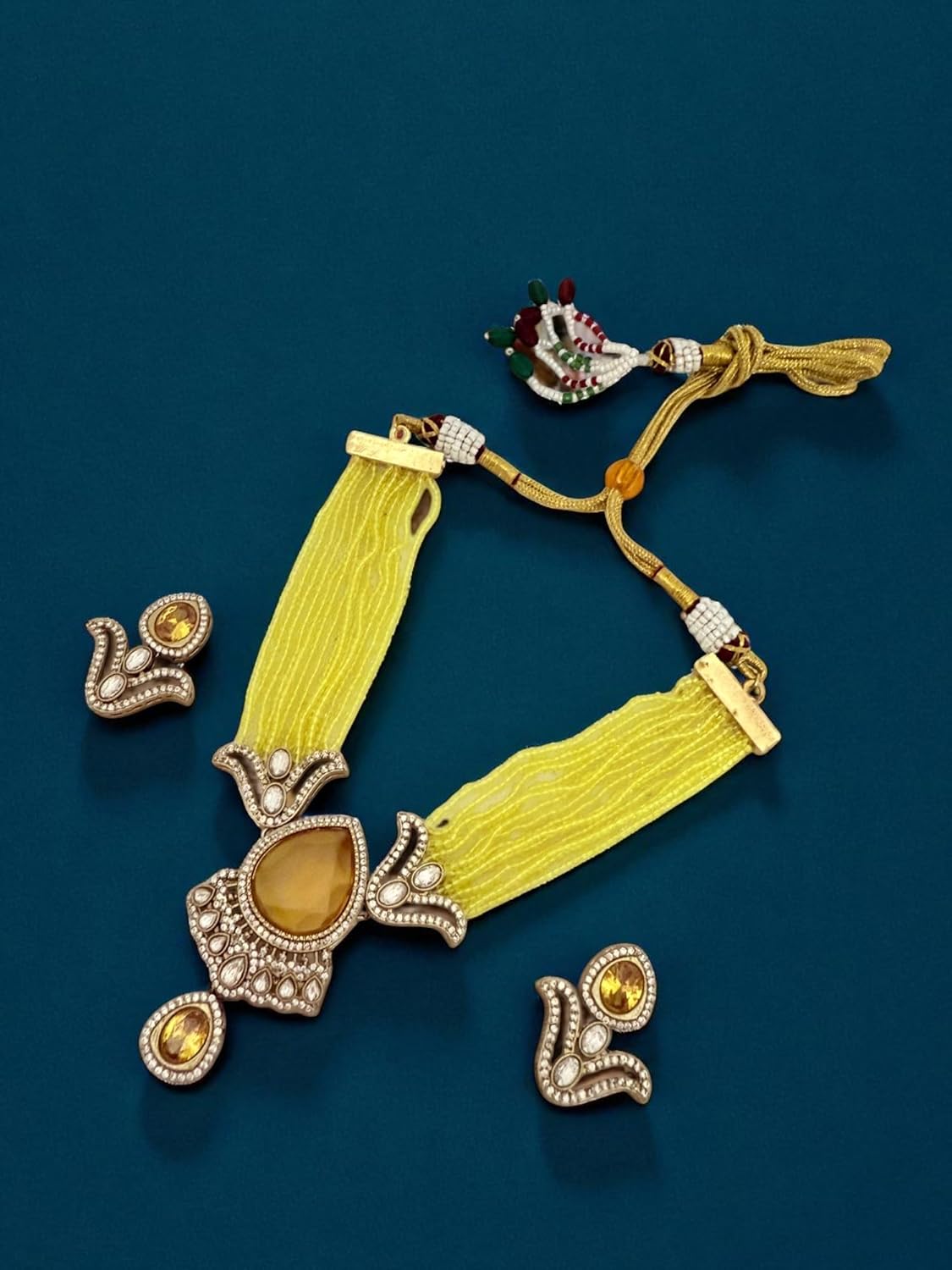 Rebekah Yellow beaded multistrand kundan necklace set with studded earrings