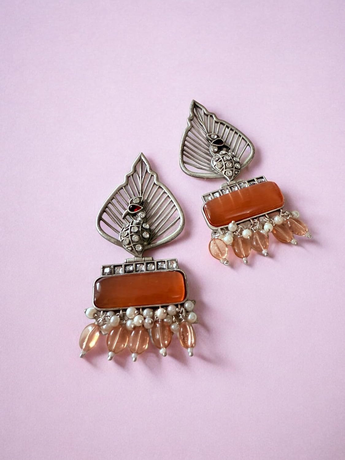 Silver Leaf & Orange Gem Danglers