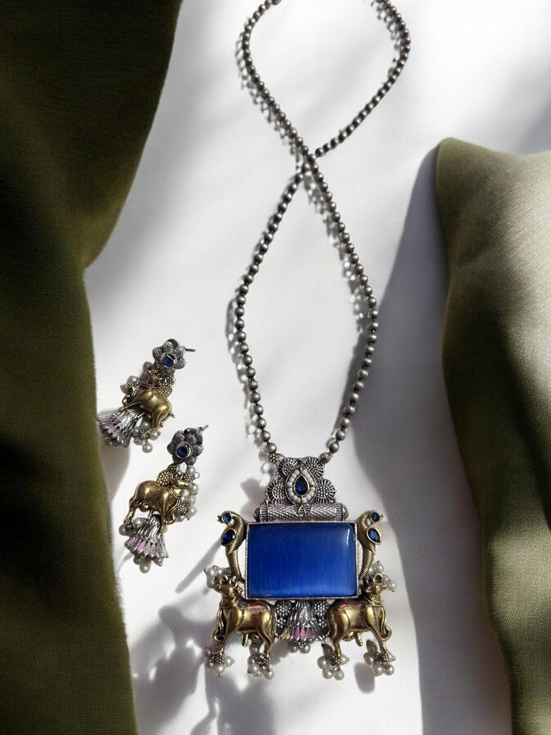 Vintage Style Elephant Pendant Necklace Set, Blue Stone, Antique Finish, Pearl Beads