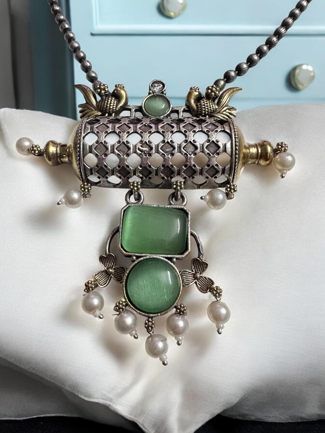 Vintage Style Pendant Necklace Set with Green Stones, Pearl Beads, Antique Metal Cage Design, Matching Jhumka Earrings