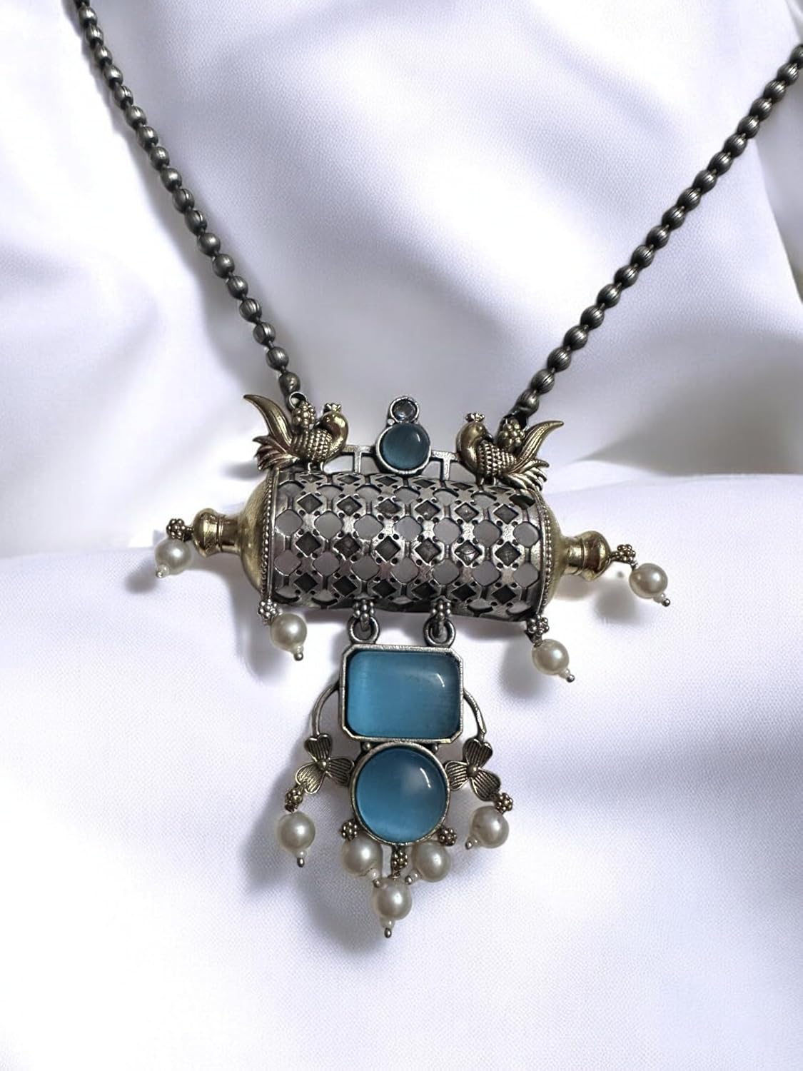 Vintage Style Jewelry Set, Blue Gemstone Pendant Necklace with Pearl Accents and Matching Cage Earrings, Antique Finish
