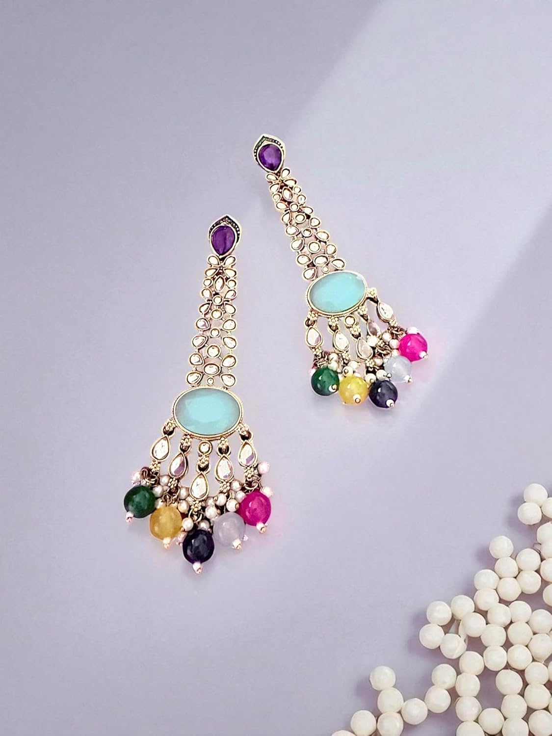 Multicolor Beaded Long Kundan Earrings with Blue