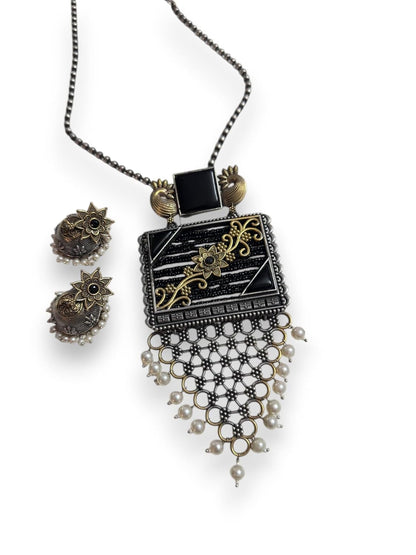 Vintage Style Pearl Necklace Set, Antique Bronze Pendant with Yellow Strings Traditional Jhumka Earrings