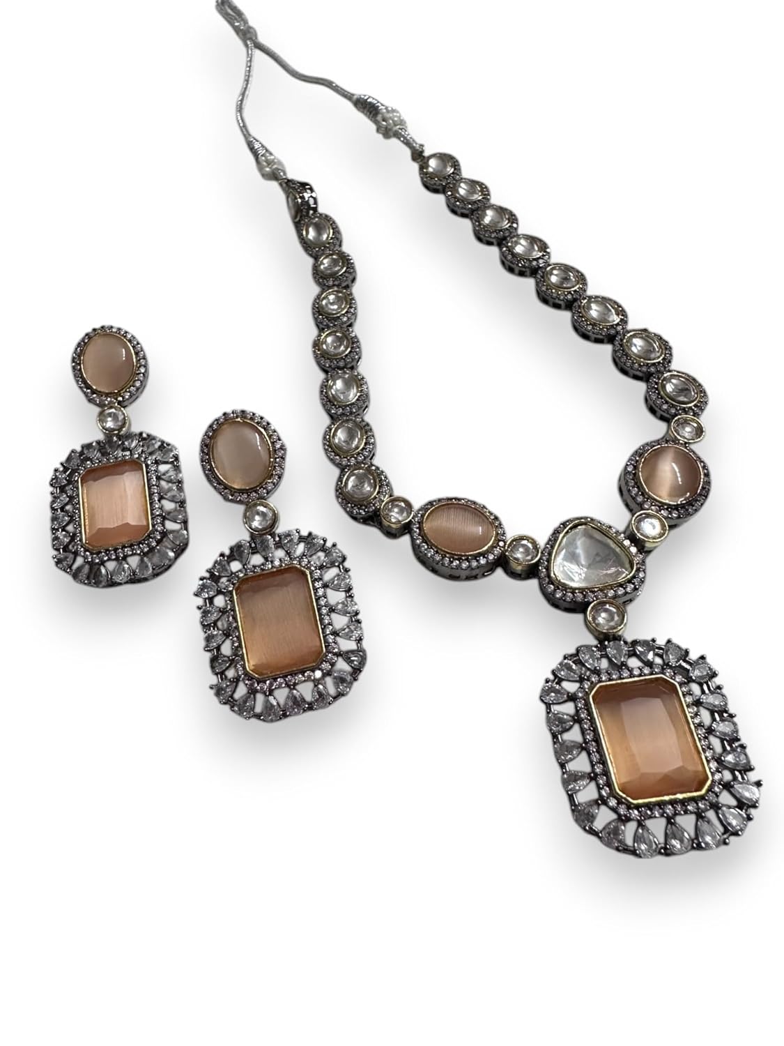 Vintage Style Crystal Necklace and Earrings Set, Peach Stone, Silver-Tone Metal, Rhinestone Embellished