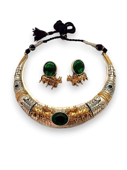 Rebekah Swarna Vahan Tribal Torque Oxidized Necklace with Bull Motif