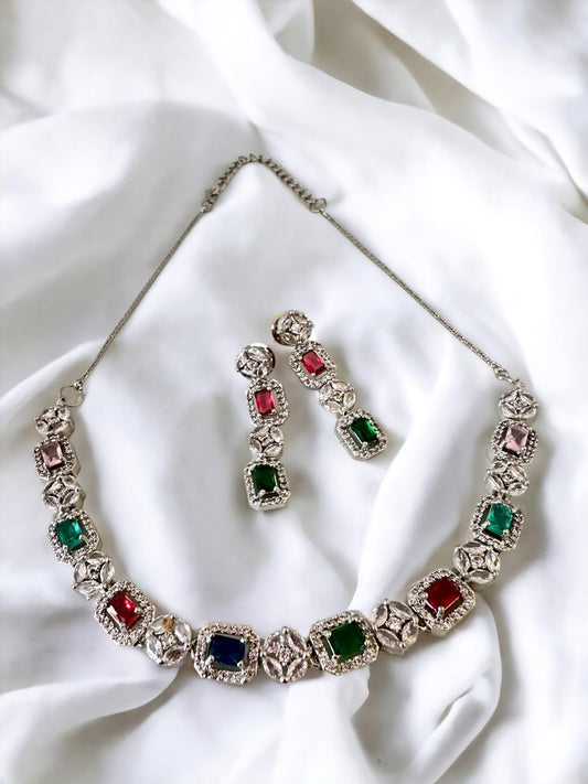 Multicolour Stone Studded Necklace and Earring Set