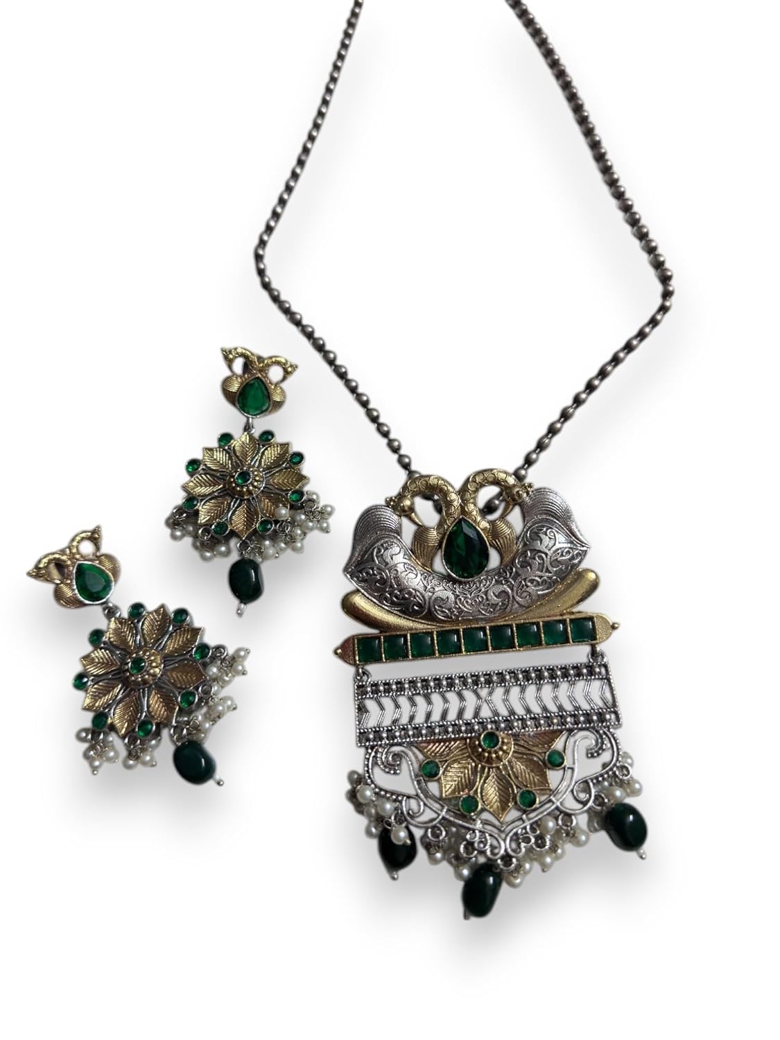 Antique Style Pendant Necklace and Earring Set, Green Gemstones, Dual-Tone Metal with Pearl Accents