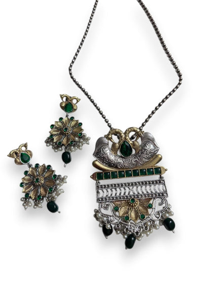 Antique Style Pendant Necklace and Earring Set, Green Gemstones, Dual-Tone Metal with Pearl Accents
