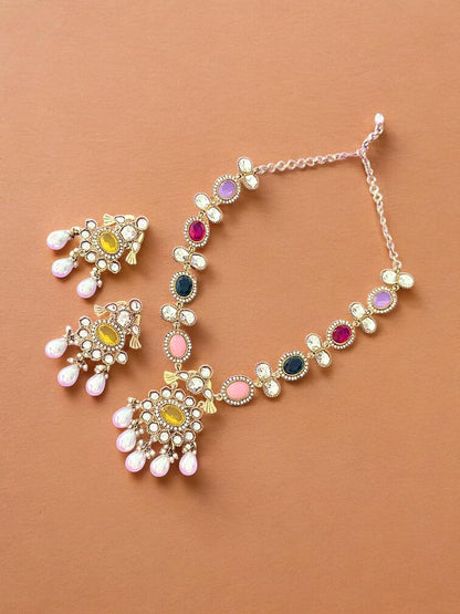 Rebekah Toned Multi Kundan & Pearl Drop Necklace Set