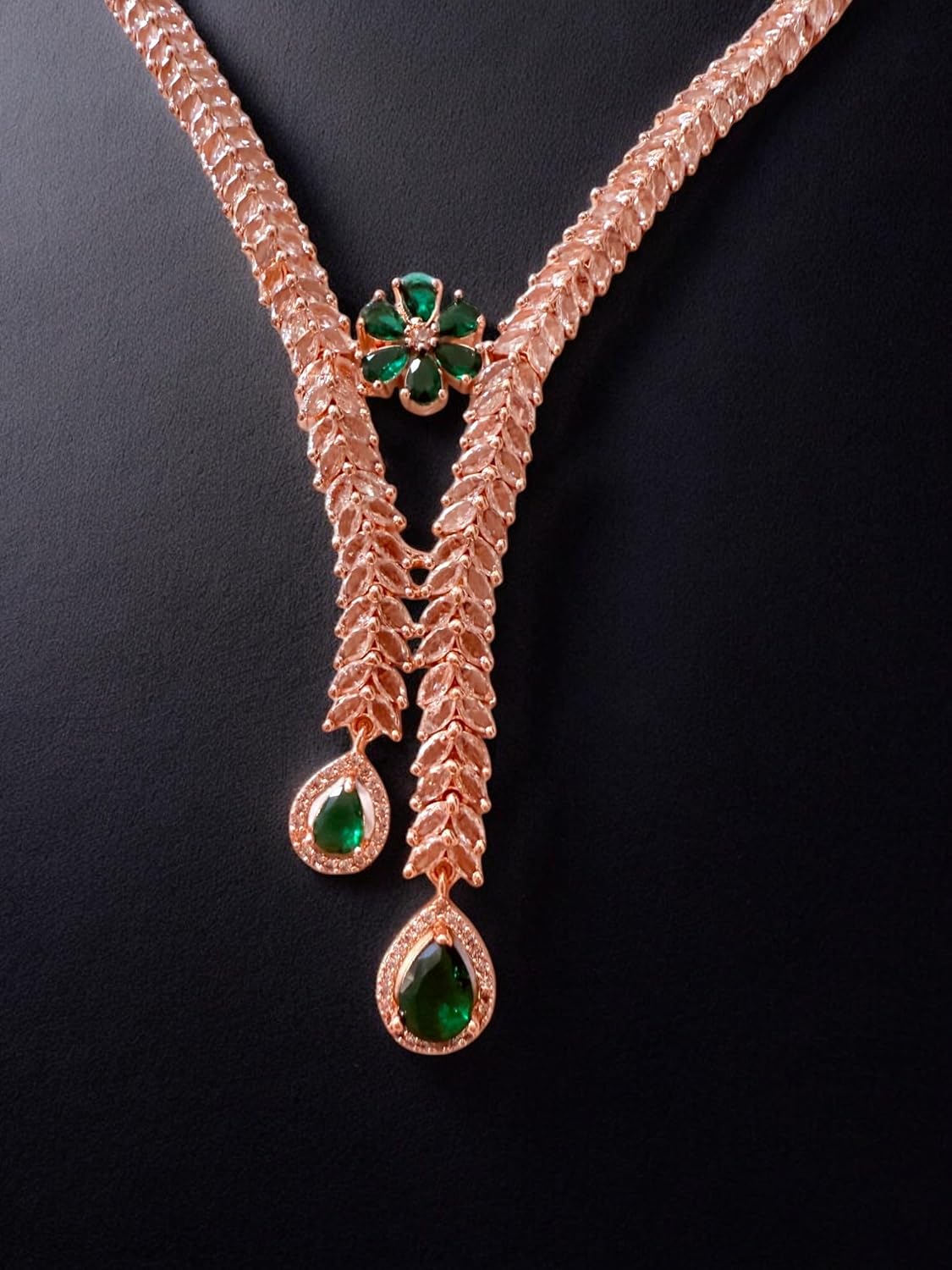Rebekah Gold-Plated CZ Necklace Set with Floral Green Accents and Tear-Drop Danglers