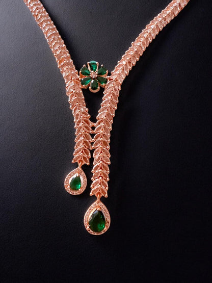 Rebekah Gold-Plated CZ Necklace Set with Floral Green Accents and Tear-Drop Danglers