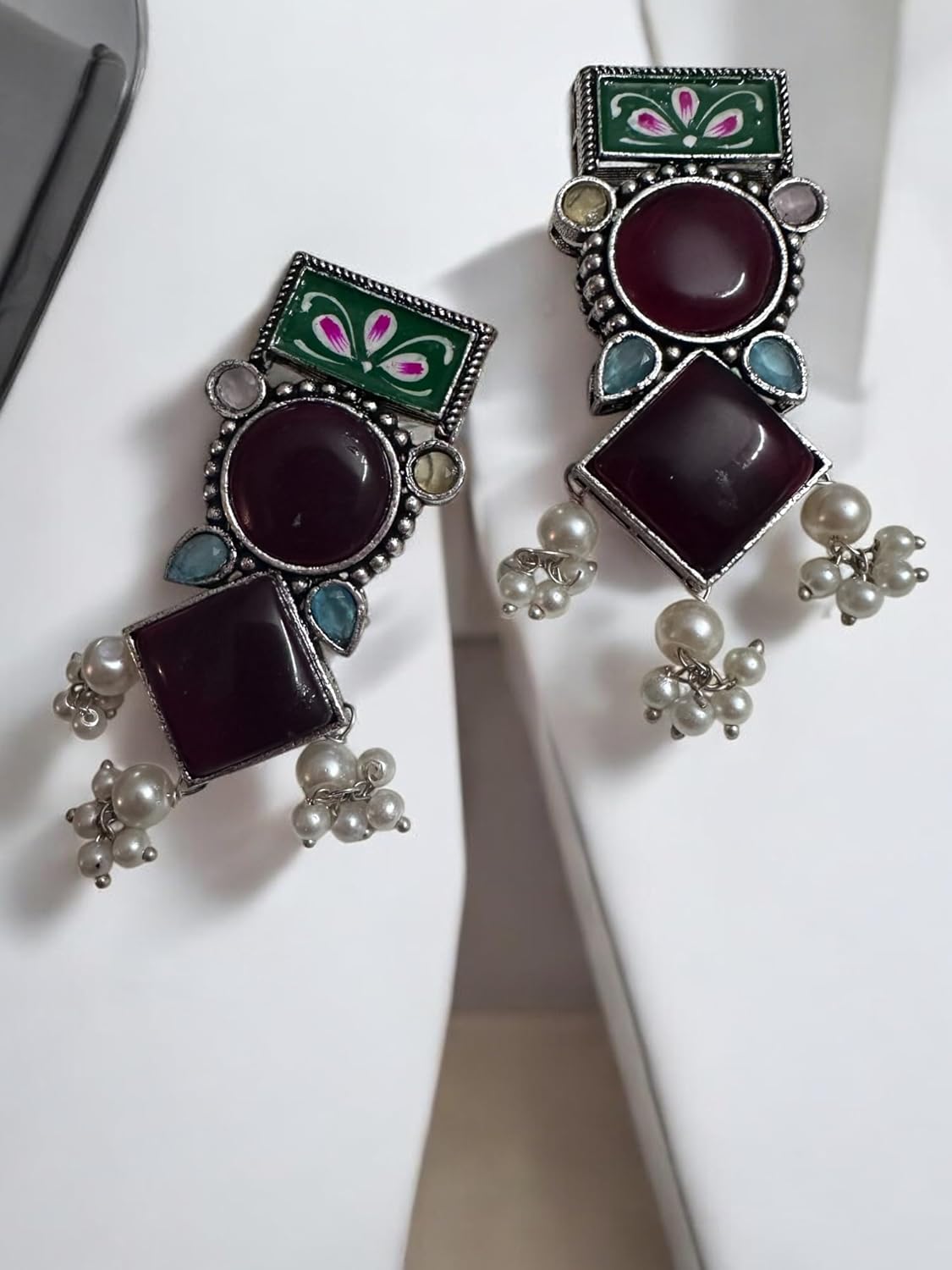 Handcrafted Multicolour Enamel Jewellery Set, Floral Design Pendant Necklace with Matching Earrings, Pearl Drops
