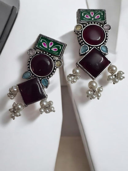 Handcrafted Multicolour Enamel Jewellery Set, Floral Design Pendant Necklace with Matching Earrings, Pearl Drops