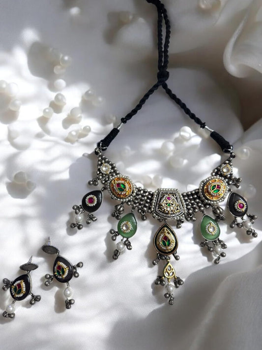 Vintage Style Choker Necklace Set with Earrings, Black Thread, Pearl Drops, Green and Pink Gemstones, Antique Silver Finish
