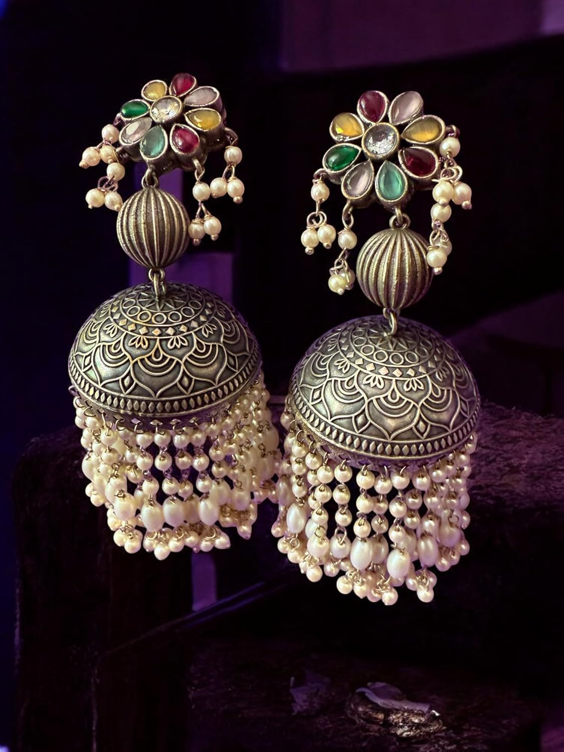 Multi Pearl Strands Dome Jhumka Earrings