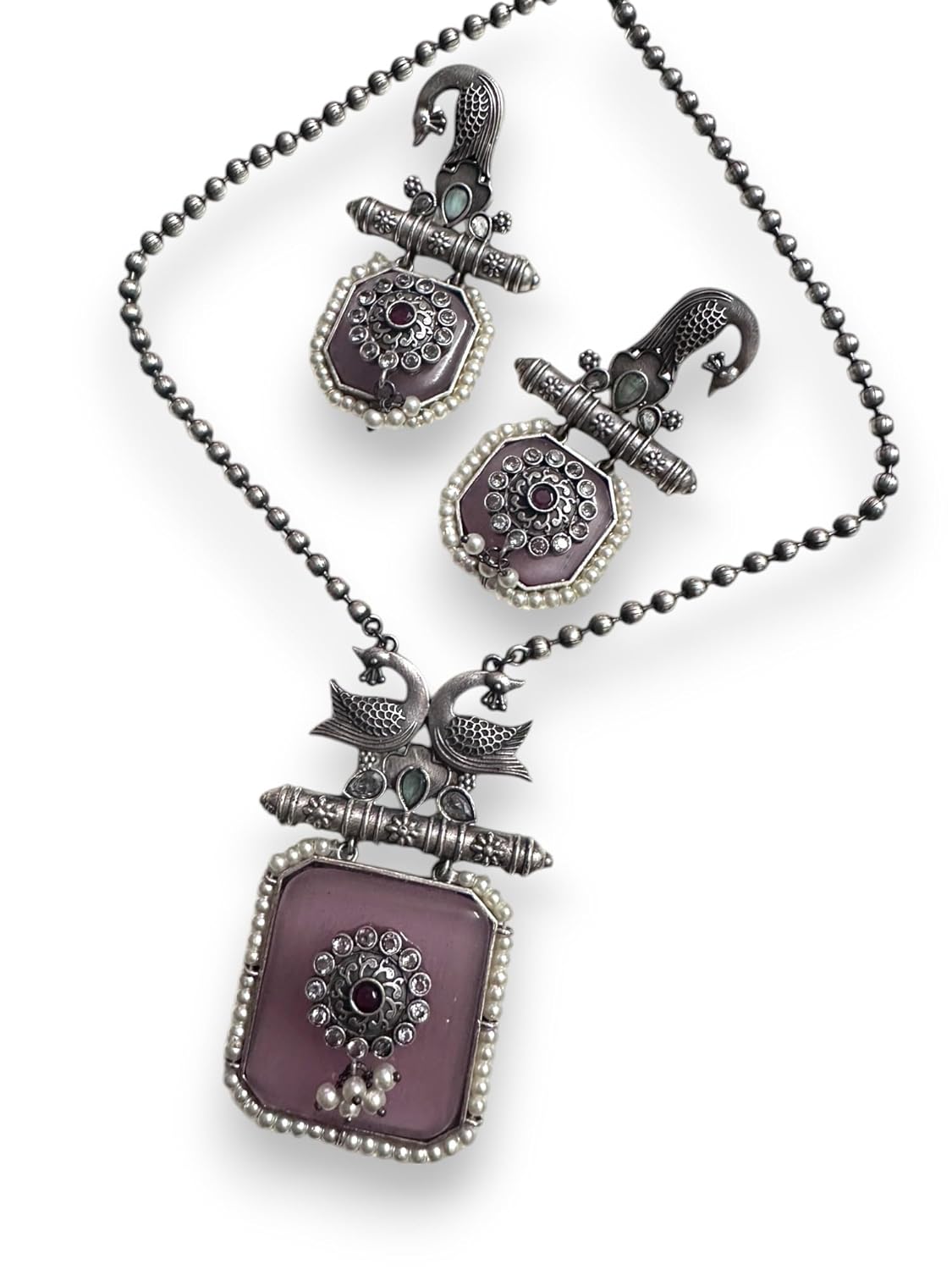 Vintage Style Peacock Jewelry Set, Pearl Beaded Necklace and Earrings, Purple Glass Stone
