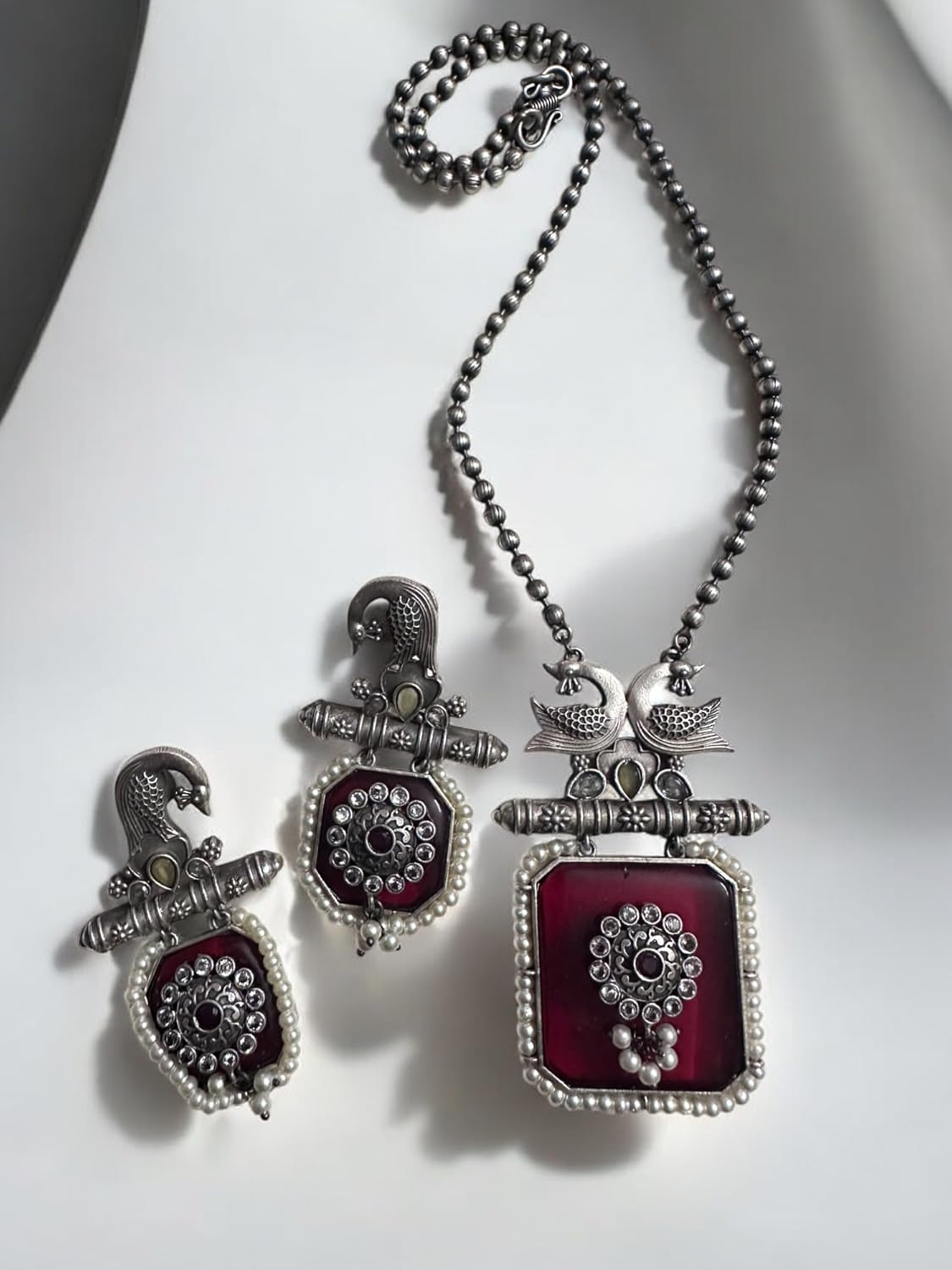 Vintage Style Peacock Pendant Necklace Set, Oxidised Silver, Burgundy Glass, Pearl Beading