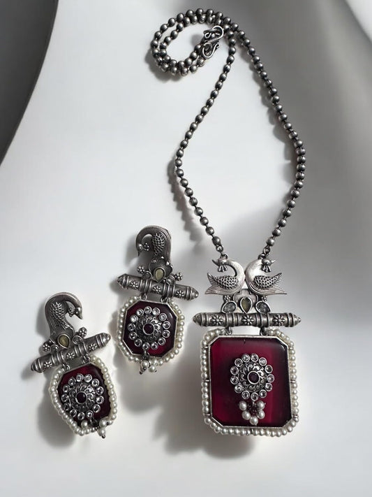 Vintage Style Peacock Pendant Necklace Set, Oxidised Silver, Burgundy Glass, Pearl Beading