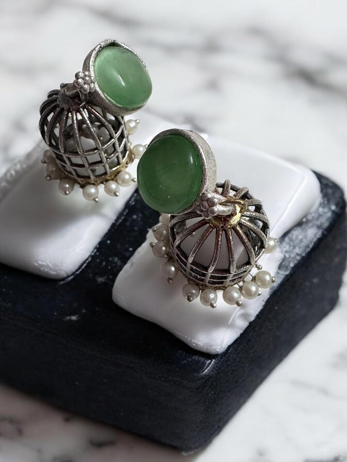 Vintage Style Pendant Necklace Set with Green Stones, Pearl Beads, Antique Metal Cage Design, Matching Jhumka Earrings