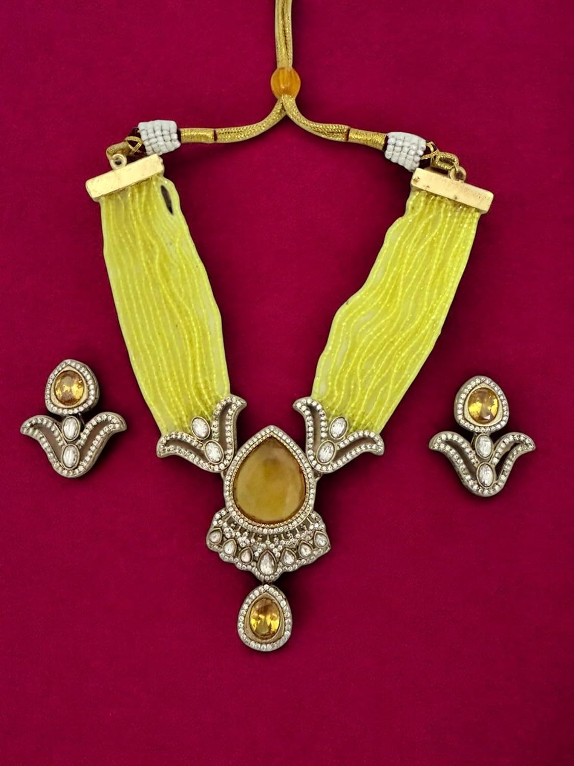 Rebekah Yellow beaded multistrand kundan necklace set with studded earrings