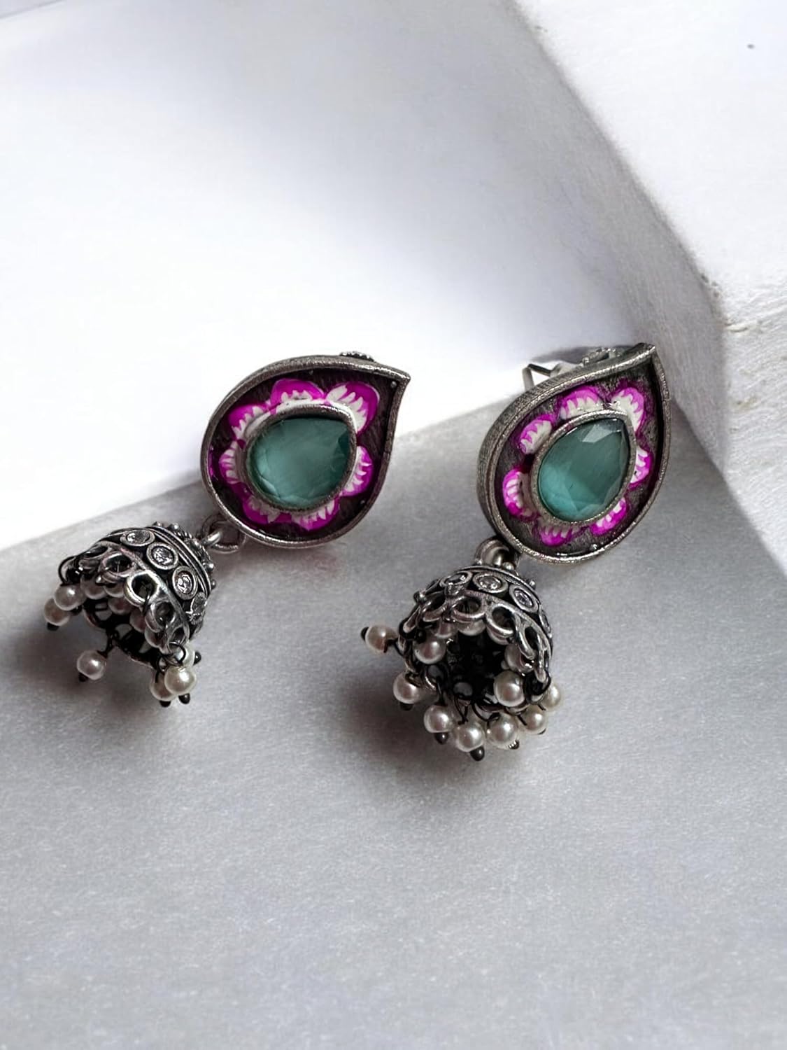Vintage Style Pendant Necklace Set with Pink Stone and Green Accents, Oxidised Silver Jhumka Earrings, Antique Finish