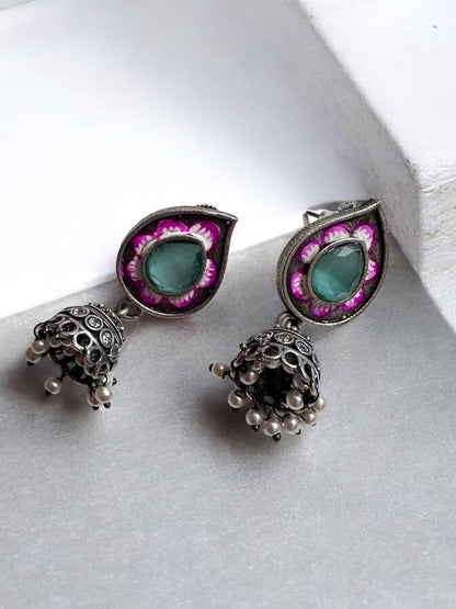 Vintage Style Pendant Necklace Set with Pink Stone and Green Accents, Oxidised Silver Jhumka Earrings, Antique Finish