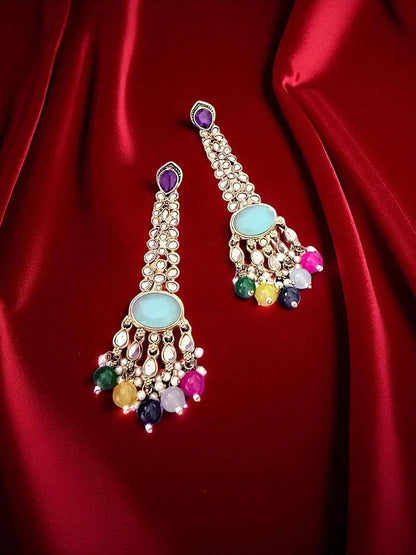 Multicolor Beaded Long Kundan Earrings with Blue