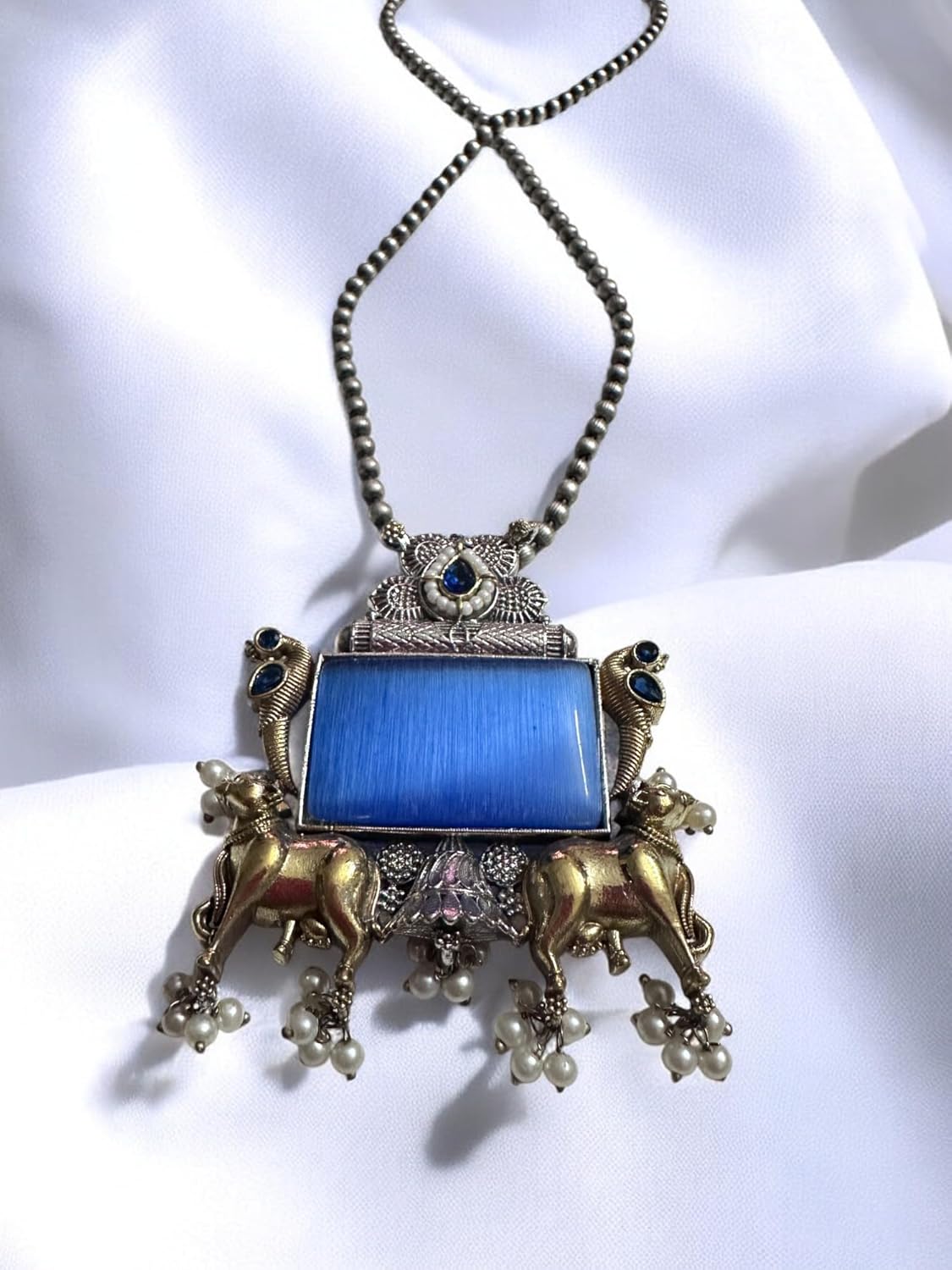 Vintage Style Elephant Pendant Necklace Set, Blue Stone, Antique Finish, Pearl Beads