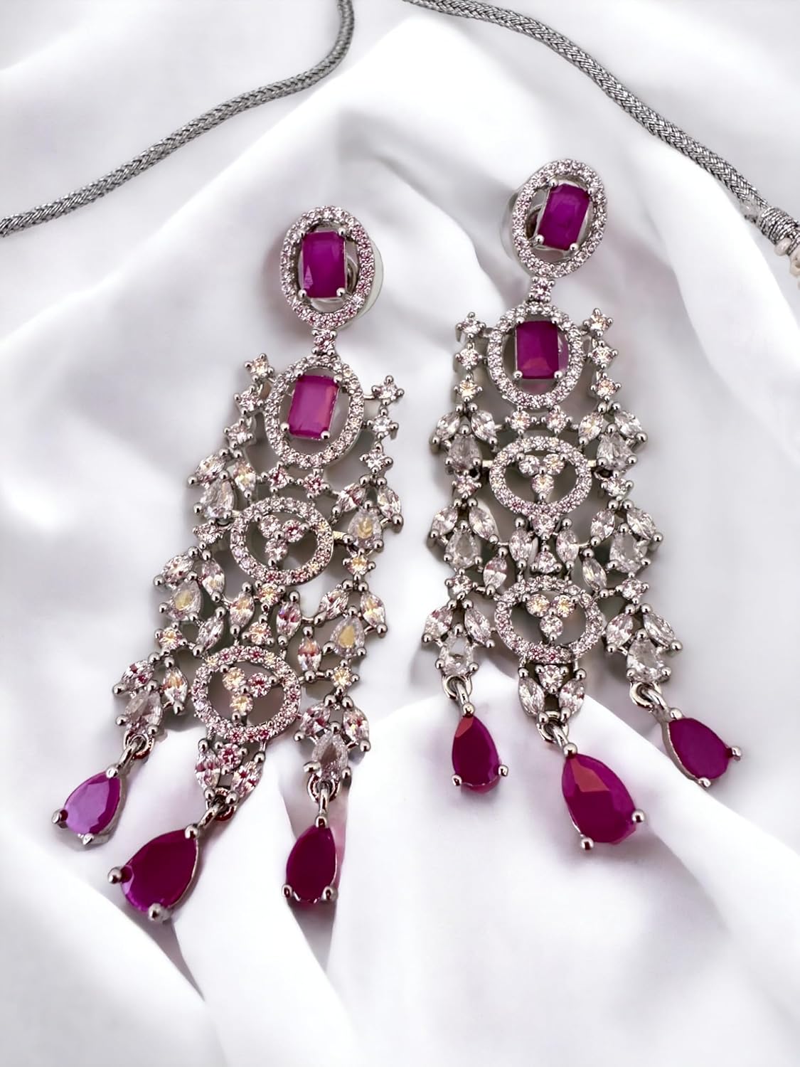 Pink Stone Jewelry Set for Women, Neckpiece with Drop Earrings, Encrusted Stones